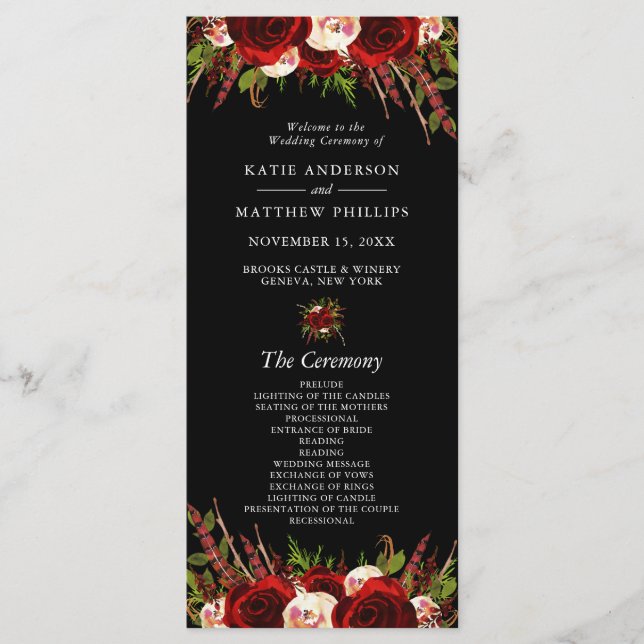 Programme de mariage floral boho Bourgogne noir (Devant)