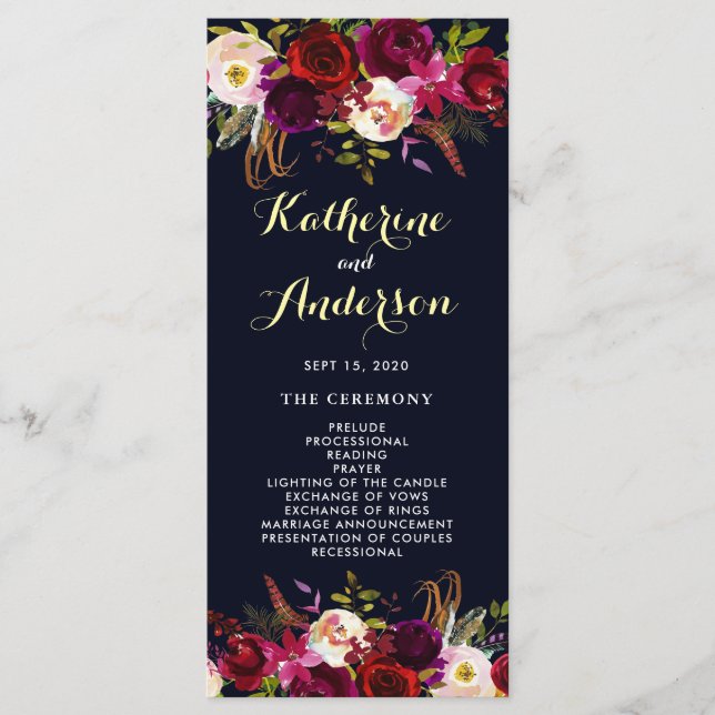 Programme de mariage floral boho Burgundy Navy Mar (Devant)