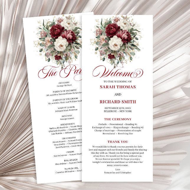 Programme de mariage floral bordeaux avec une touc (Graceful Blush Burgundy Floral Wedding Program)