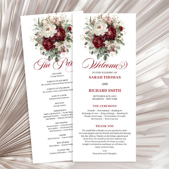 Programme de mariage floral bordeaux Blush intempo (Timeless Blush Burgundy Floral Wedding Program)