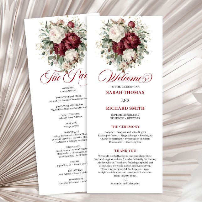 Programme de mariage floral bordeaux Blush Premium (Premium Blush Burgundy Floral Wedding Program)