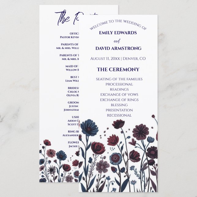Programme de mariage floral bordeaux et bleu lunat (Devant / Derrière)