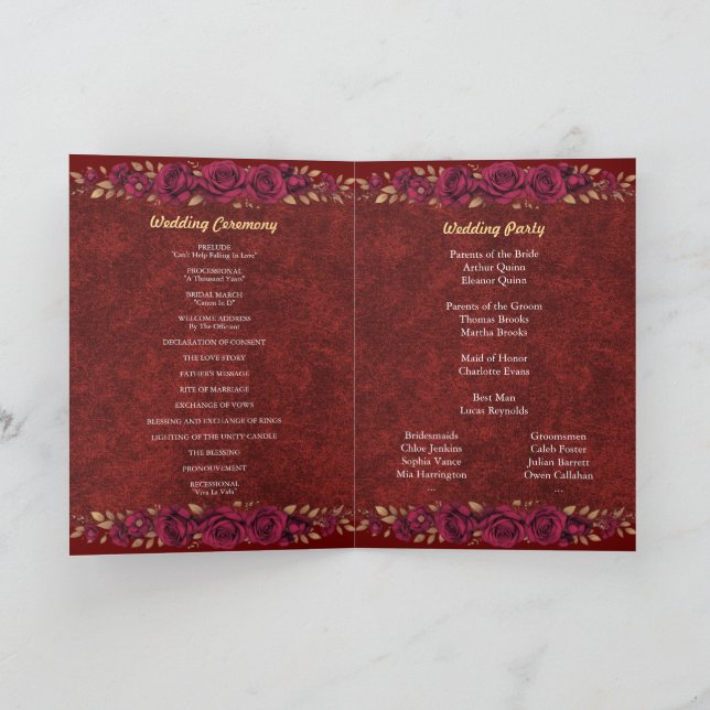 Programme de mariage floral bordeaux et or de luxe (Intérieur)