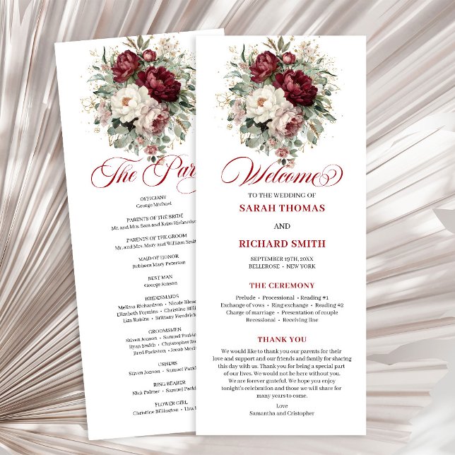Programme de mariage floral bordeaux rose luxueux (Opulent Blush Burgundy Floral Wedding Program)