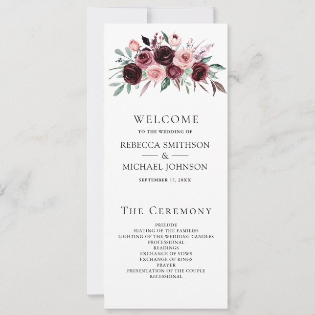Programme de mariage floral bordeaux rose poussiér (Devant)