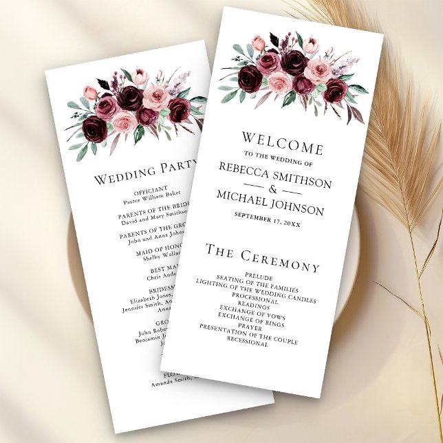 Programme de mariage floral bordeaux rose poussiér (Créateur téléchargé)