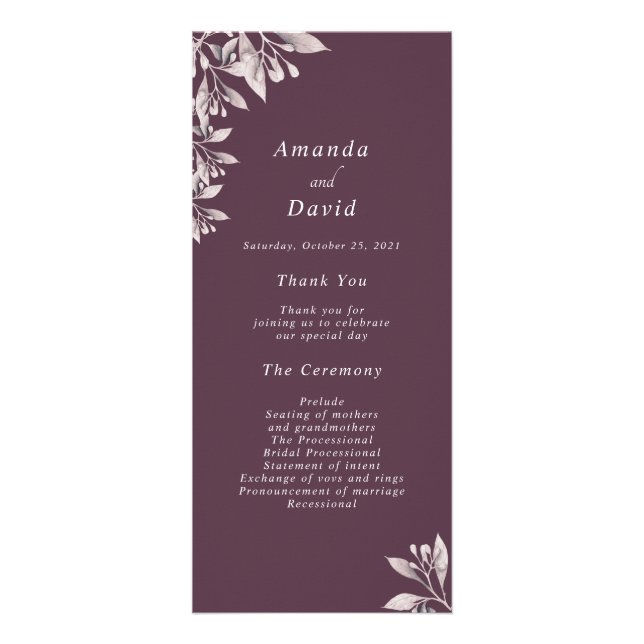 Programme de mariage floral botanique prune (Devant)