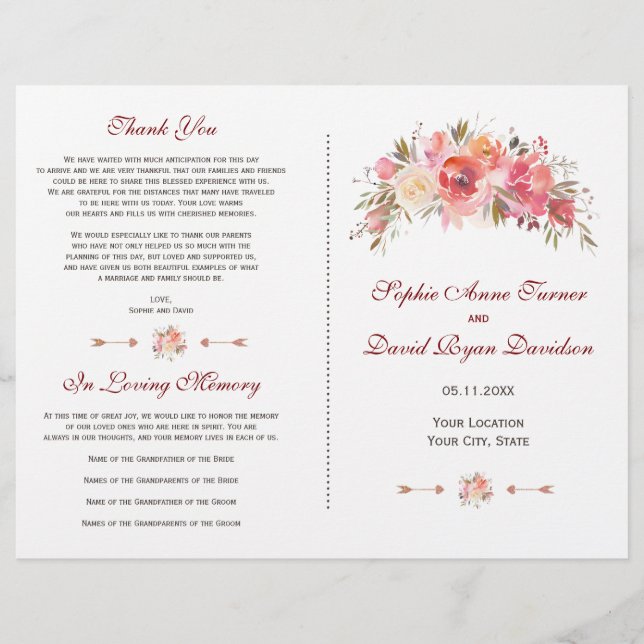 Programme de mariage floral Bourguigne Marsala ave (Devant)