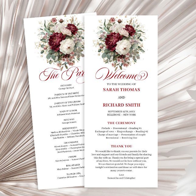 Programme de mariage floral burgundy délicat blush (Delicate Blush Burgundy Floral Wedding Program)