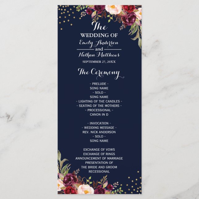 Programme de mariage floral confetti or bordeaux (Devant)