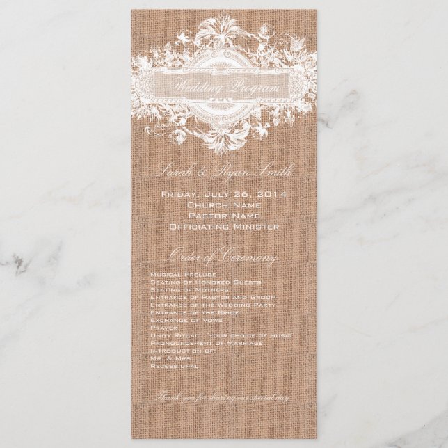 PROGRAMME DE MARIAGE FLORAL DE BURLAP RUSTIQUE (Devant)