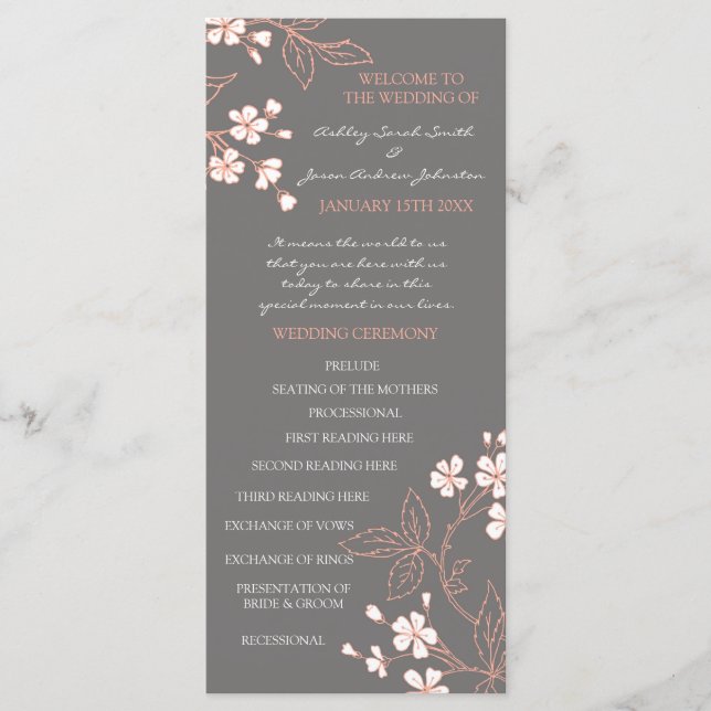 Programme de mariage floral de corail gris (Devant)