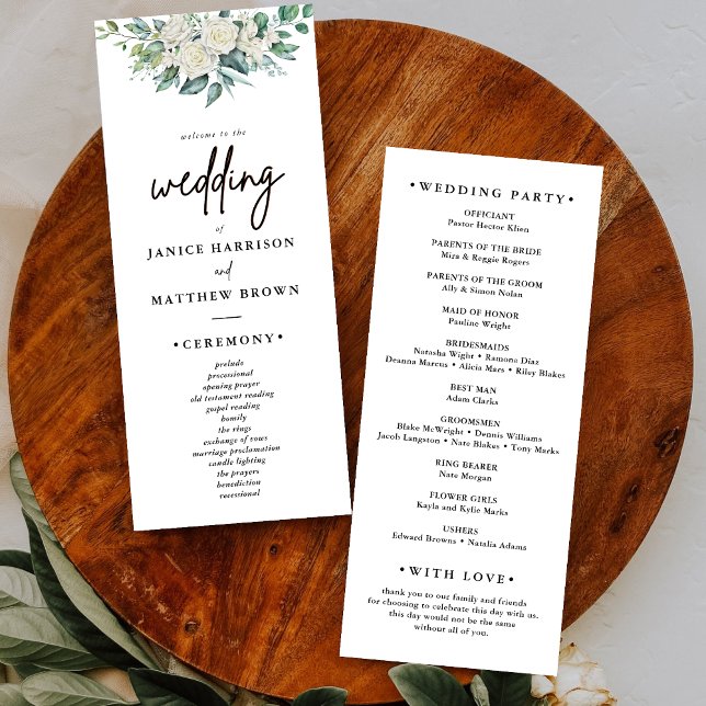 Programme de mariage floral de verdure de rose bla (White rose greenery wedding program adds timeless elegance while guiding your ceremony flow.)
