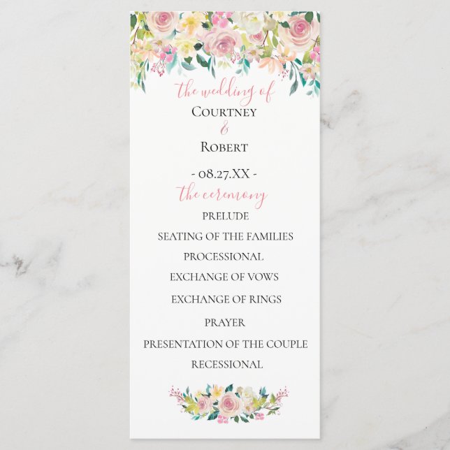 Programme de mariage floral d'été pastel (Devant)