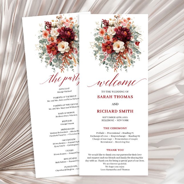 Programme de mariage floral doré bordeaux classiqu (Classic Burgundy Gold Floral Deep Red wedding program

)
