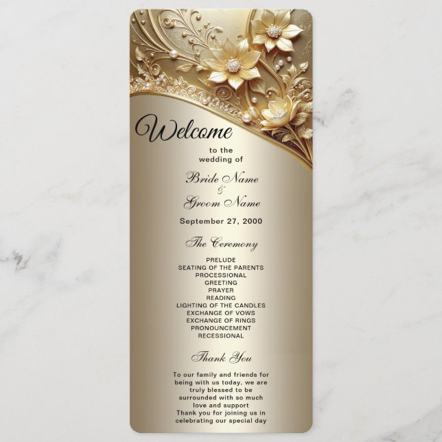 Programme de mariage floral doré orné moderne (Devant)
