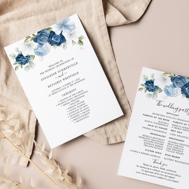 Programme de mariage Floral Dusty Blue Eucalyptus (Dusty Blue Floral Script Wedding Program)