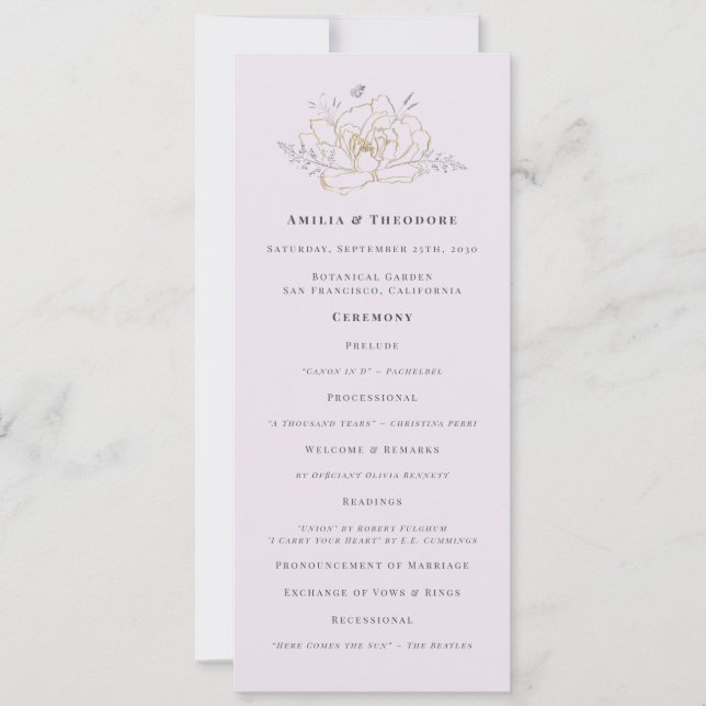 Programme de mariage floral élégant lilas or (Devant)