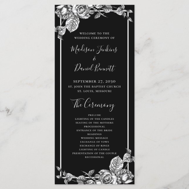 Programme de mariage floral élégant noir et blanc (Devant)