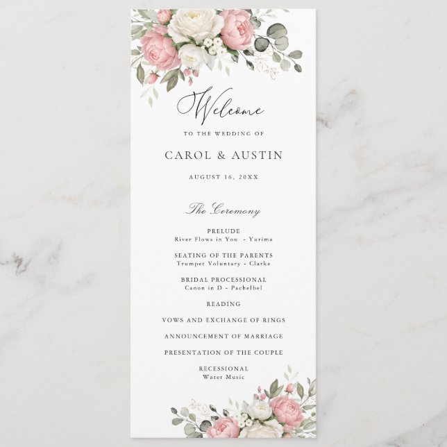 Programme de mariage floral élégant rose blush et  (Devant)