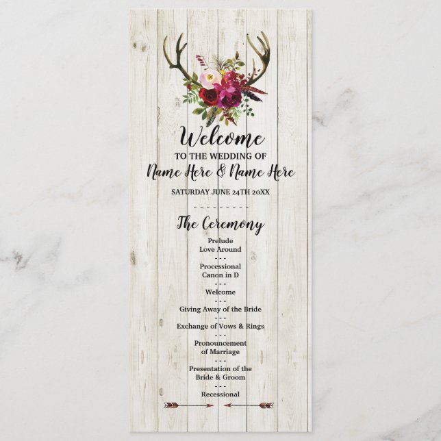 Programme de mariage floral en bois de bois rustiq (Devant)