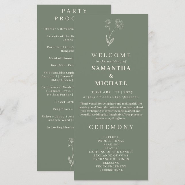 Programme de mariage floral en coton vert sauge fl (Devant / Derrière)