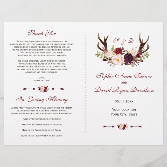 Programme de mariage floral et bois de cerf Burgun (Devant)
