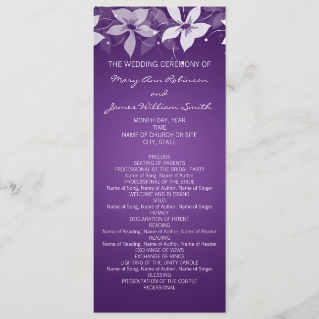 Programme de mariage floral Fleurs exotiques pourp (Devant)