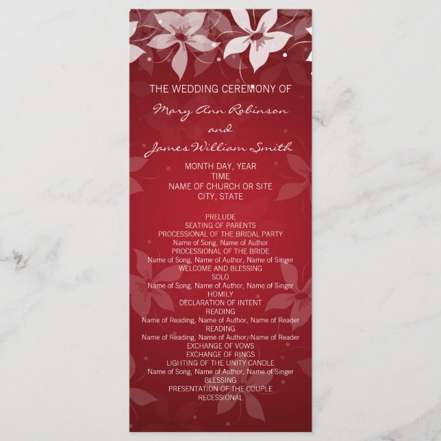 Programme de mariage floral Fleurs exotiques Rouge (Devant)