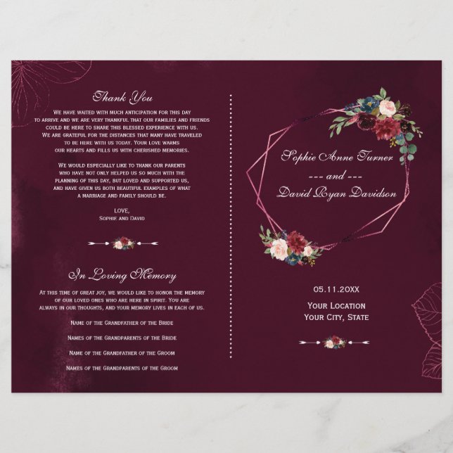Programme de mariage floral géométrique de Bourgog (Devant)