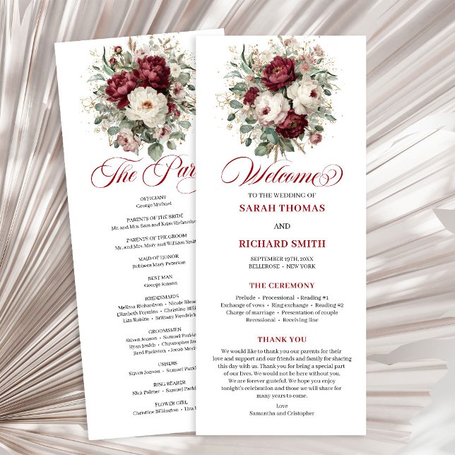 Programme de mariage floral Glam Blush Burgundy Go (Glam Blush Burgundy Gold Floral Wedding Program)