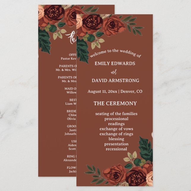 Programme de mariage floral jardin romantique Brun (Devant / Derrière)