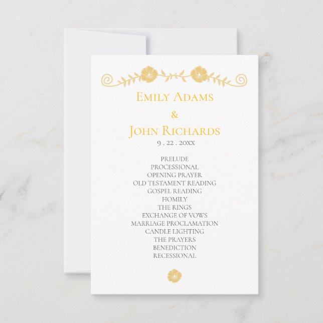 Programme de mariage floral jaune doré et blanc (Devant)