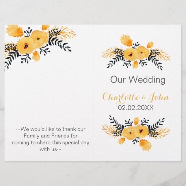 programme de mariage floral jaune gris aquarelle (Devant)