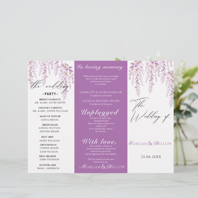 Programme de mariage floral lavande rose pâle élég (Debout devant)