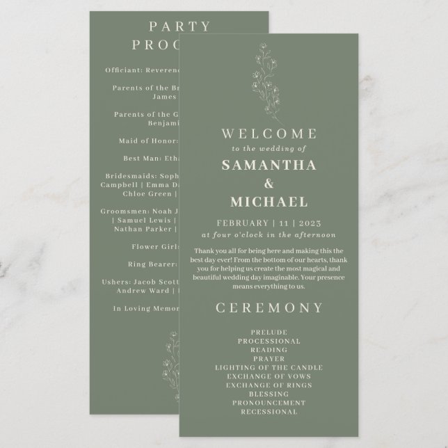 Programme de mariage floral miniature fleur vert s (Devant / Derrière)