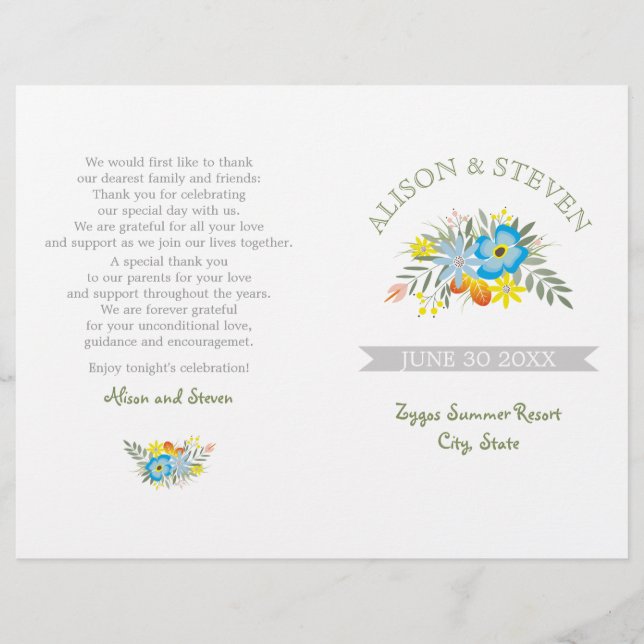 Programme de mariage floral moderne fleurs bleues (Devant)