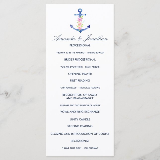 Programme de mariage floral nautique à l'aquarelle (Devant)