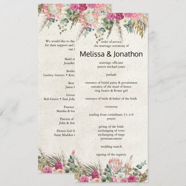 Programme de mariage floral neutre boho pastel (Devant / Derrière)