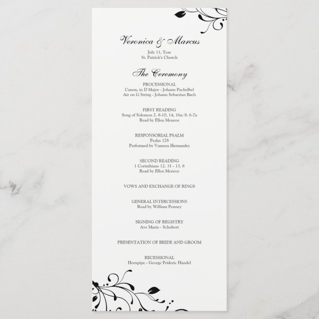 Programme de mariage floral noir et blanc (Devant)
