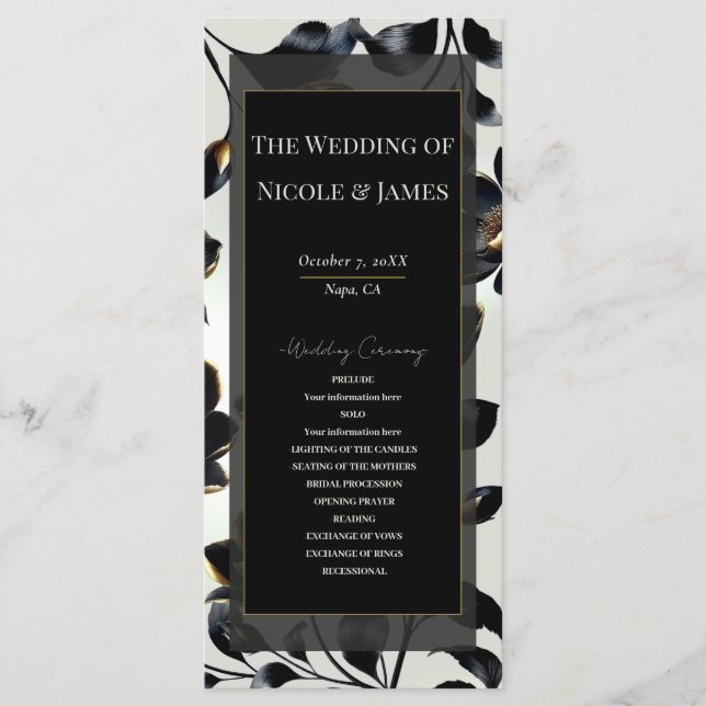 Programme de mariage floral noir et or beige (Devant)