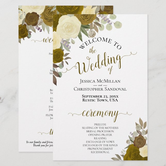 Programme de mariage floral or et jaune à petit bu (Devant / Derrière)