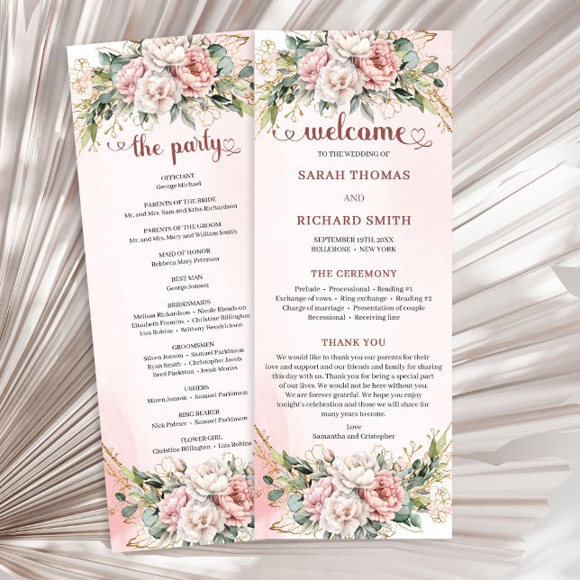 Programme de mariage floral or rose classique (Classic Rose Gold Floral Greenery Wedding Program)