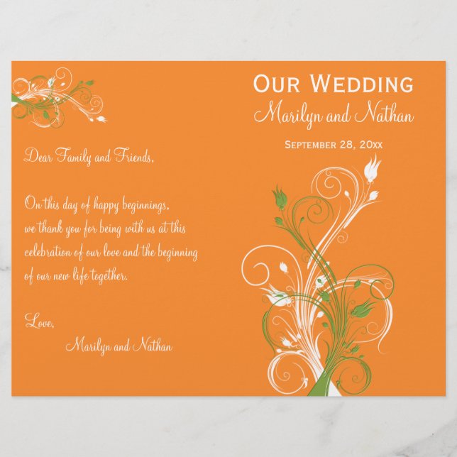 Programme de mariage floral orange, vert et blanc (Devant)