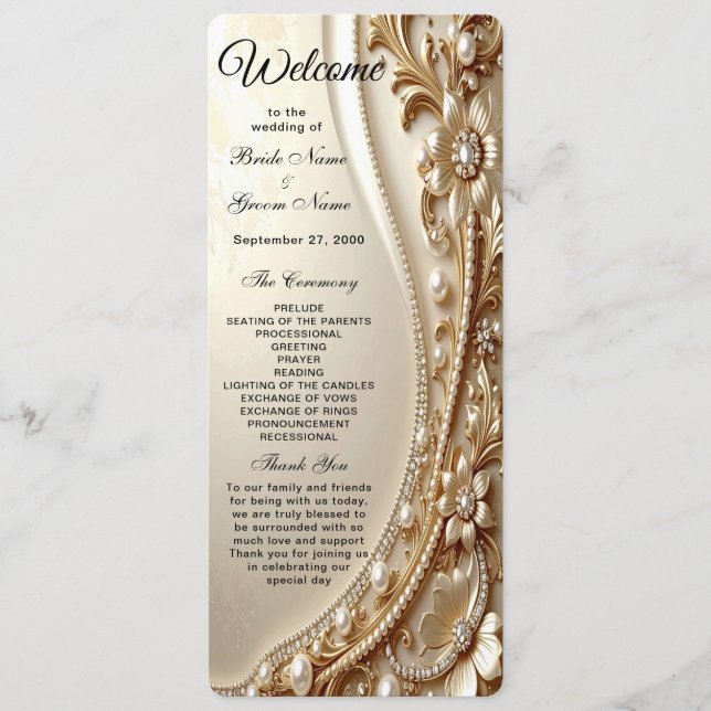 Programme de mariage floral orné élégant en or (Devant)