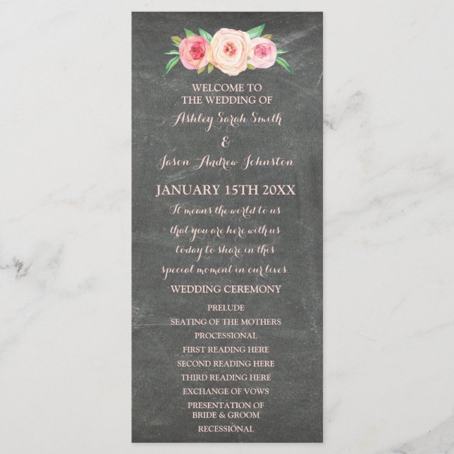 Programme de mariage floral Pink Chalkboard (Devant)
