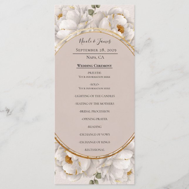 Programme de mariage floral Pivoine blanche et Ros (Devant)