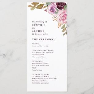 Programme de mariage floral pourpre d'aquarelle