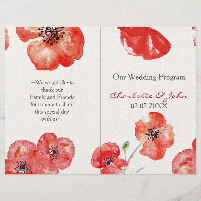 Programme de mariage floral Pretty Red Poppies (Devant)