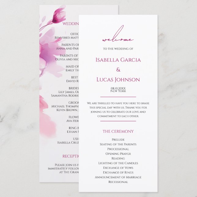 Programme de mariage floral rose aquarelle (Devant / Derrière)